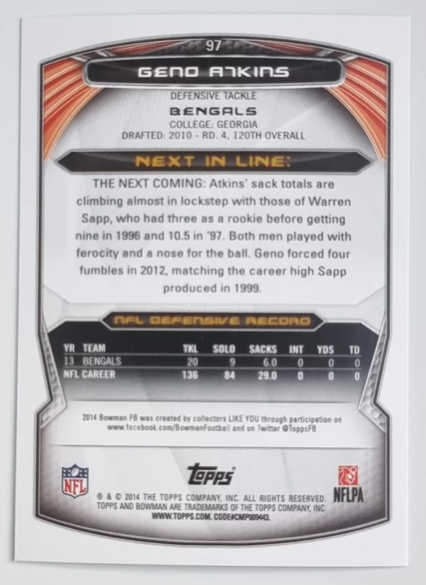 2014 Bowman #V97 Geno Atkins – Image 2