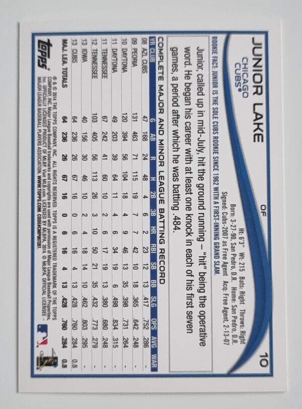 2014 Topps #10 Junior Lake – Image 2