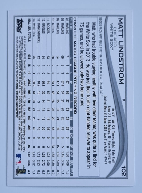 2014 Topps #102 Matt Lindstrom – Image 2
