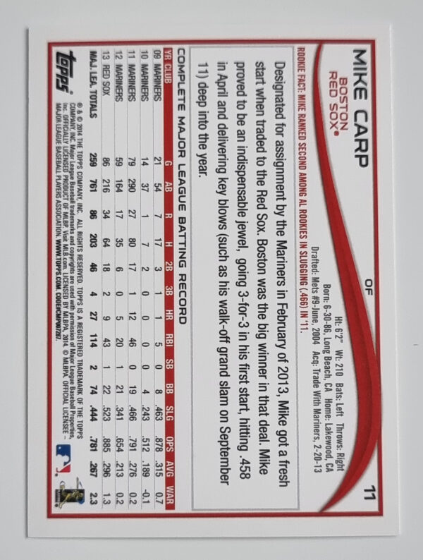 2014 Topps #11 Mike Carp – Image 2