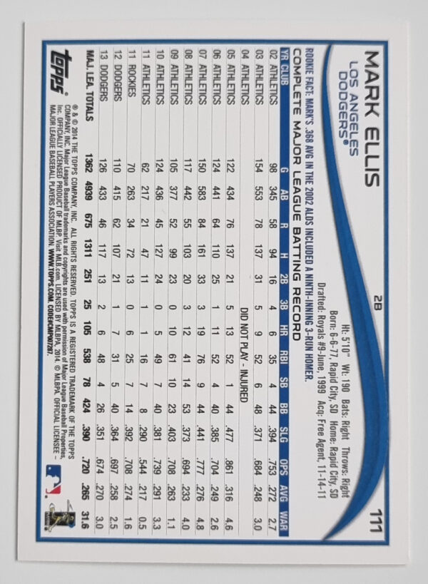 2014 Topps #111 Mark Ellis – Image 2
