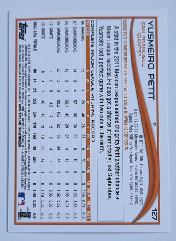 2014 Topps #127 Yusmeiro Petit – Image 2