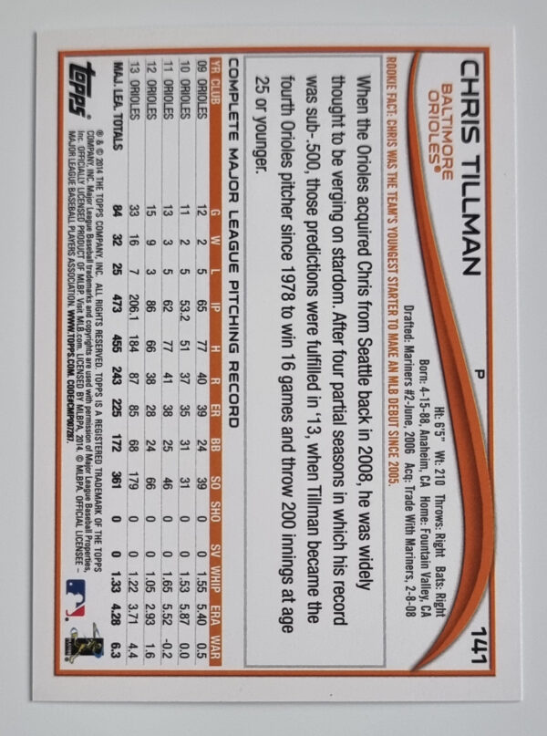2014 Topps #141 Chris Tillman – Image 2
