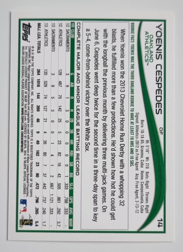 2014 Topps #14A Yoenis Cespedes – Image 2