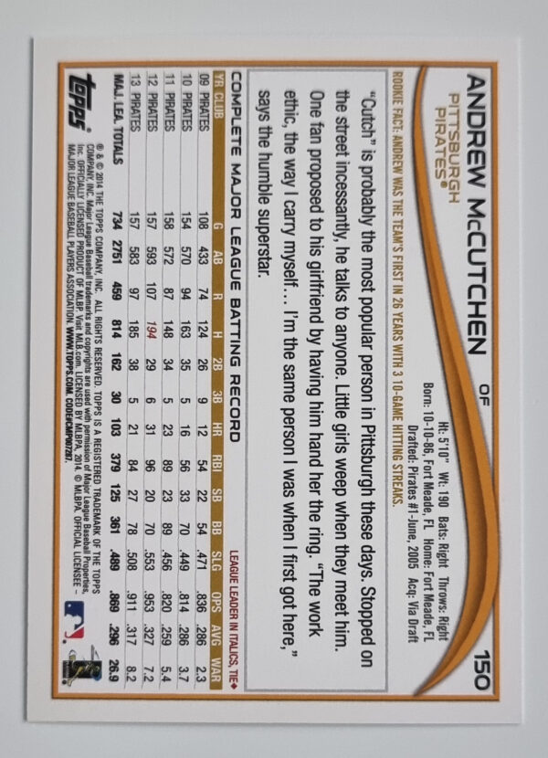 2014 Topps #150A Andrew McCutchen – Image 2