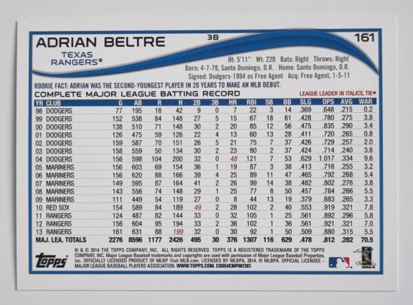 2014 Topps #161A Adrian Beltre – Image 2