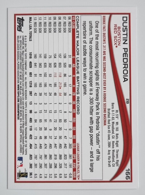 2014 Topps #166A Dustin Pedroia – Image 2