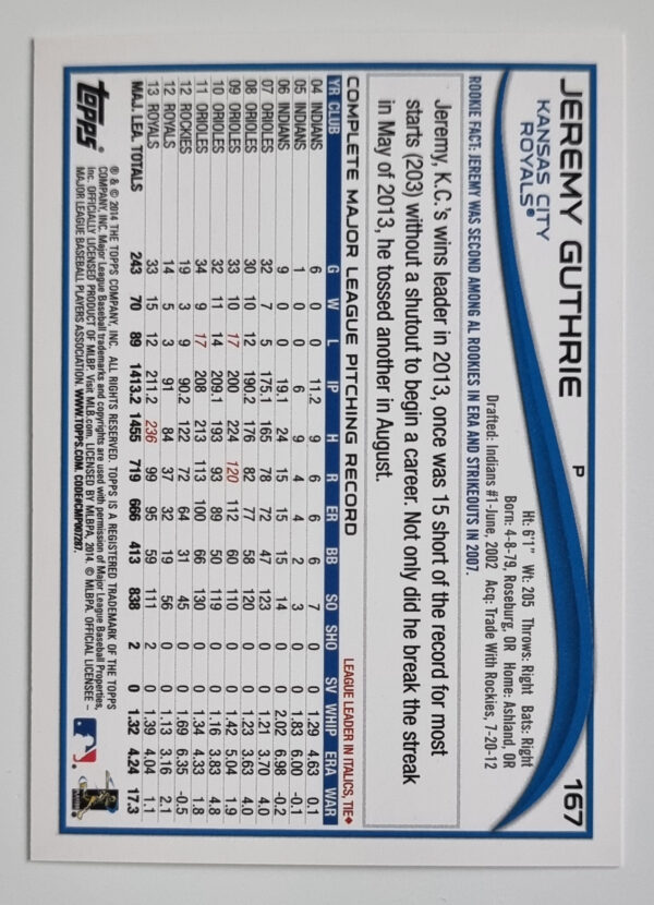 2014 Topps #167 Jeremy Guthrie – Image 2