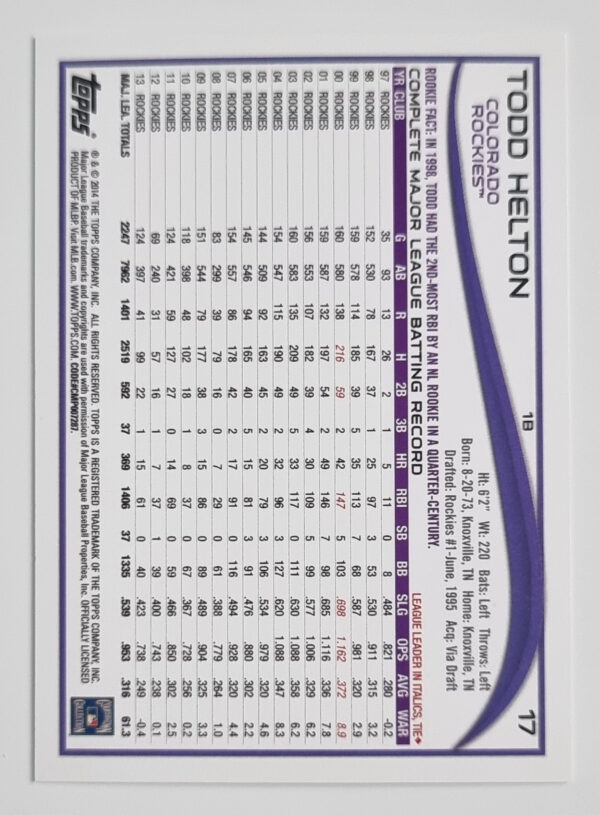 2014 Topps #17 Todd Helton – Image 2