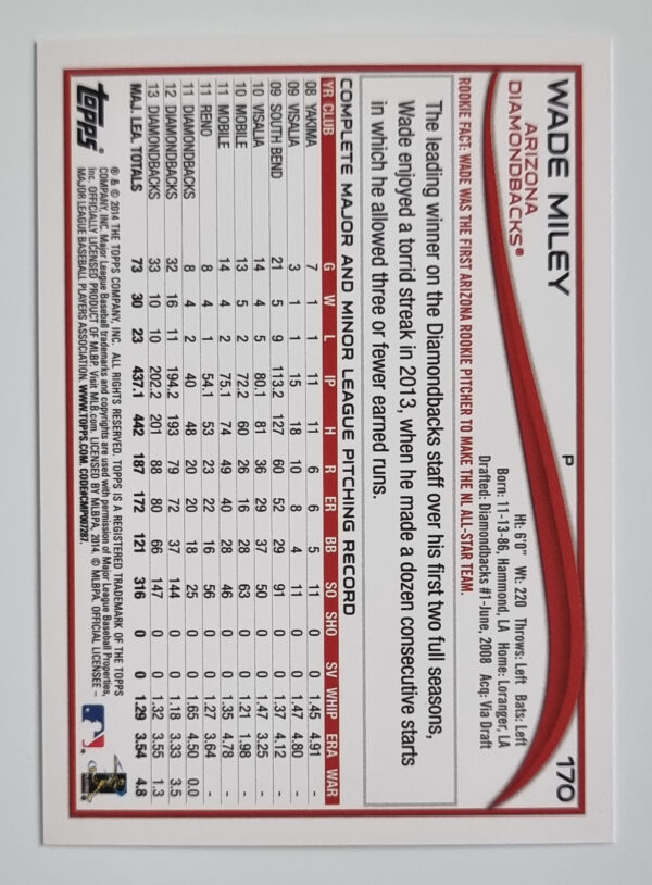 2014 Topps #170 Wade Miley – Image 2