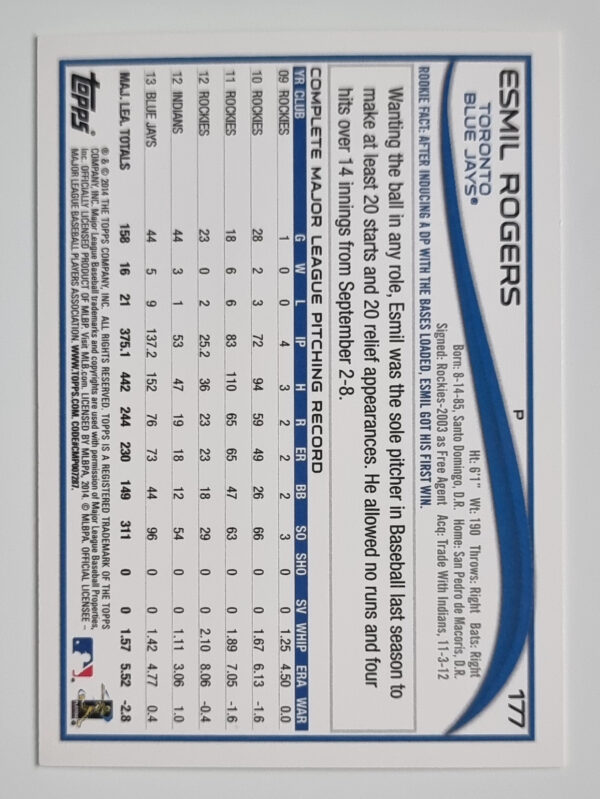 2014 Topps #177 Esmil Rogers – Image 2
