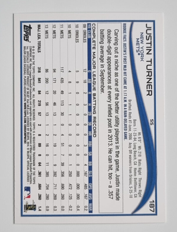 2014 Topps #187 Justin Turner – Image 2
