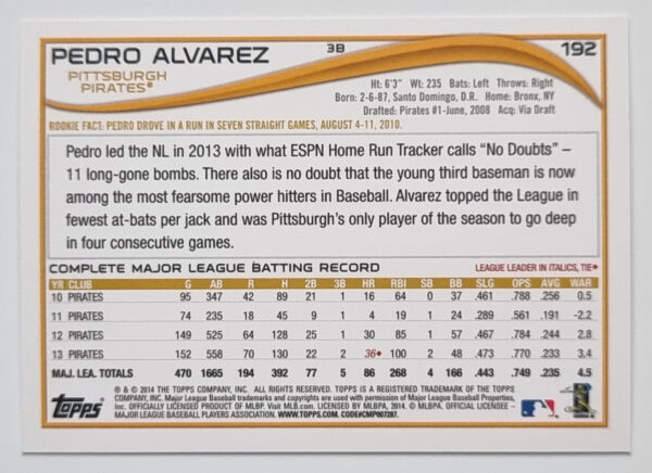 2014 Topps #192A Pedro Alvarez – Image 2
