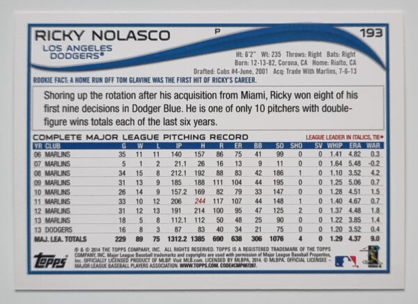 2014 Topps #193 Ricky Nolasco – Image 2