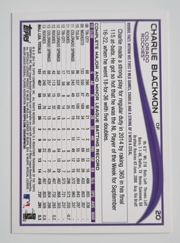 2014 Topps #20 Charlie Blackmon – Image 2