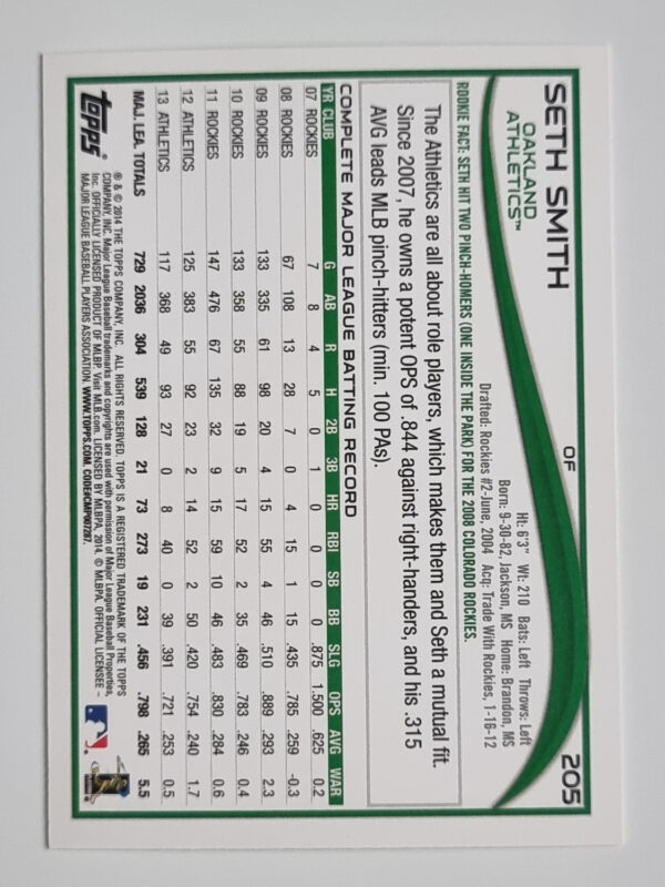 2014 Topps #205 Seth Smith – Image 2