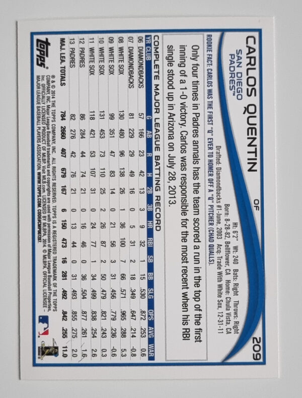 2014 Topps #209 Carlos Quentin – Image 2