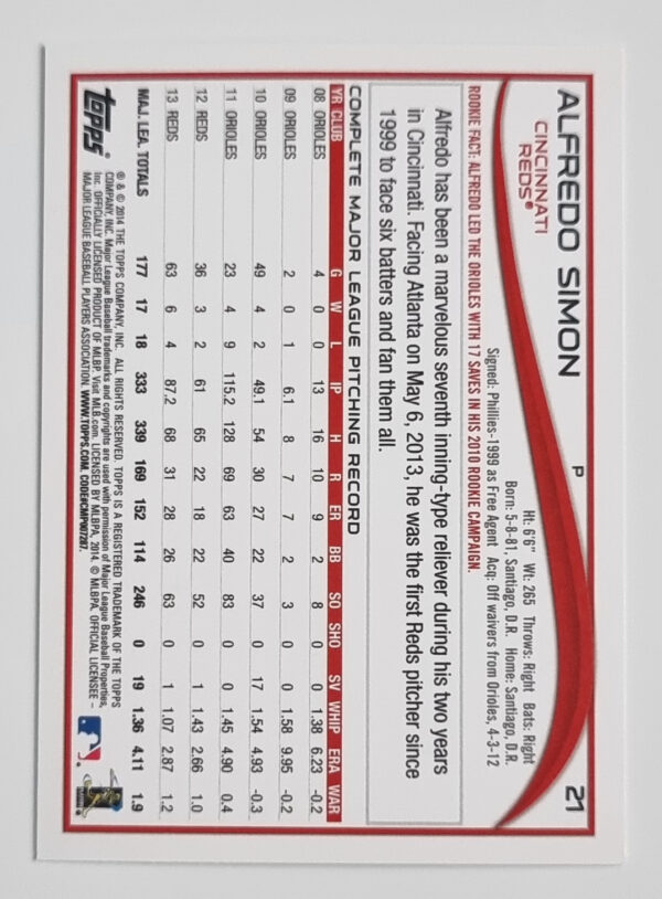 2014 Topps #21 Alfredo Simon – Image 2