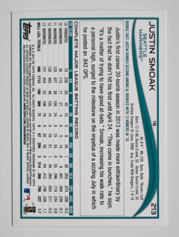 2014 Topps #213 Justin Smoak – Image 2