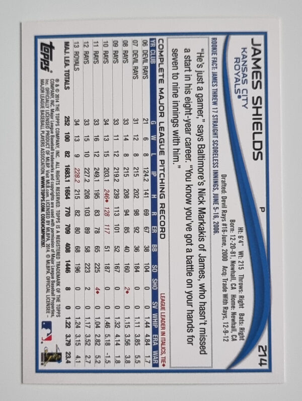 2014 Topps #214 James Shields – Image 2