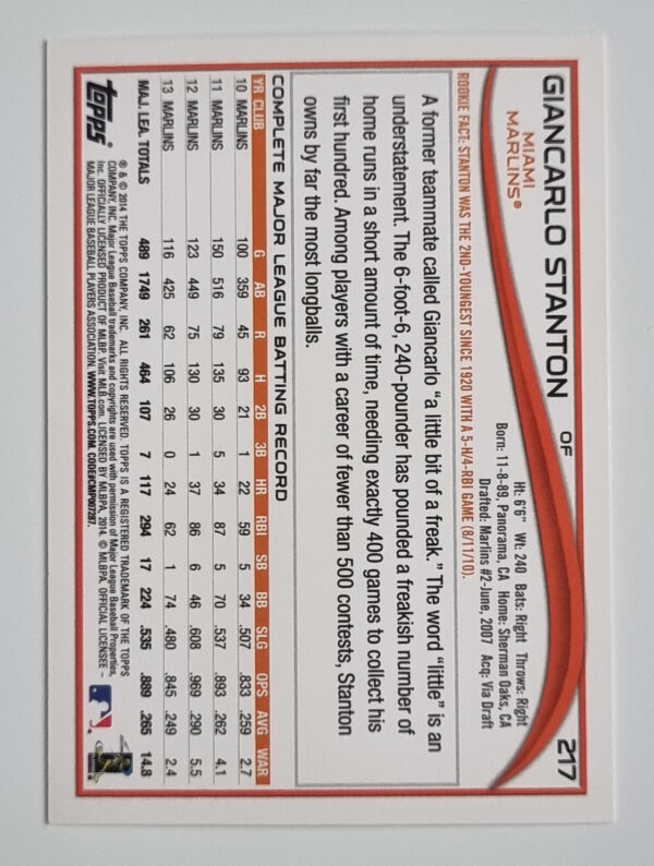 2014 Topps #217A Giancarlo Stanton – Image 2