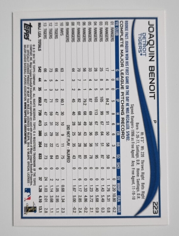 2014 Topps #223 Joaquin Benoit – Image 2