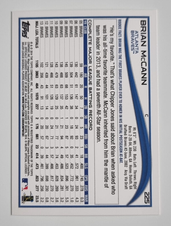 2014 Topps #225 Brian McCann – Image 2