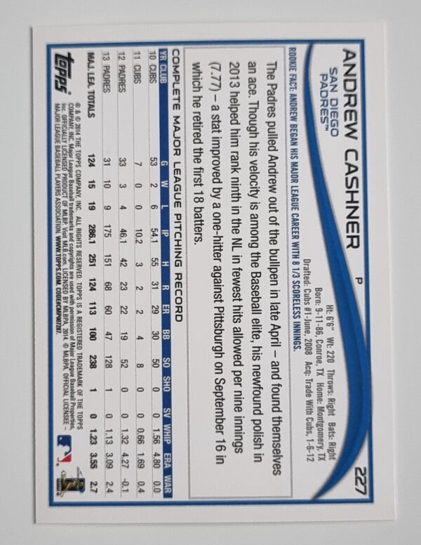 2014 Topps #227 Andrew Cashner – Image 2