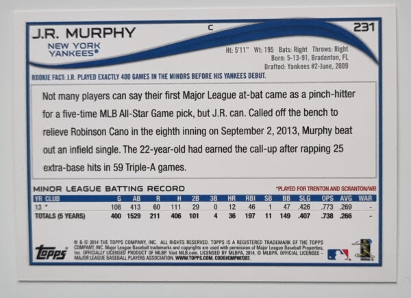 2014 Topps #231 J.R. Murphy RC – Image 2