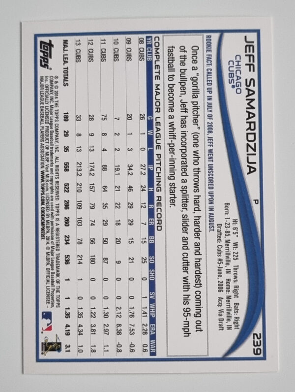 2014 Topps #239 Jeff Samardzija – Image 2