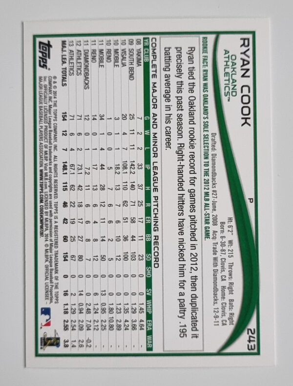 2014 Topps #243 Ryan Cook – Image 2