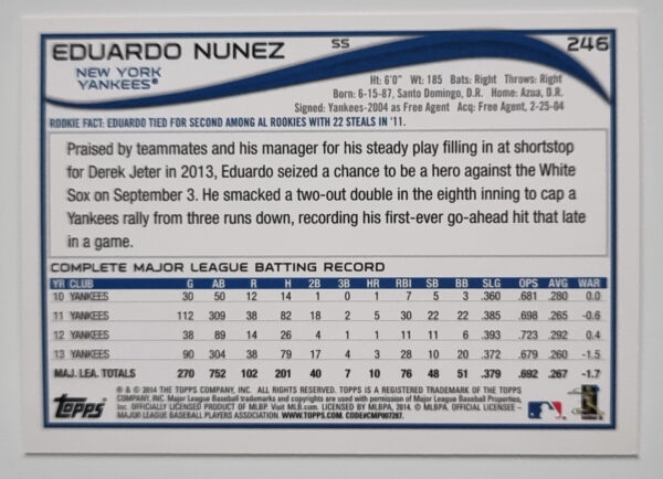 2014 Topps #246 Eduardo Nunez – Image 2