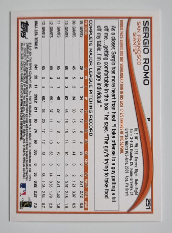 2014 Topps #251 Sergio Romo – Image 2