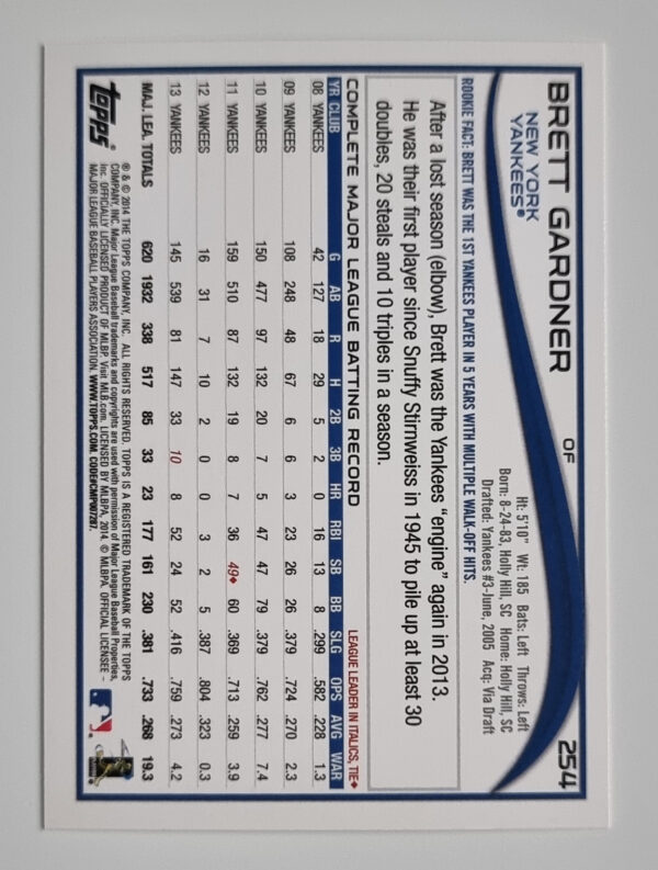 2014 Topps #254 Brett Gardner – Image 2