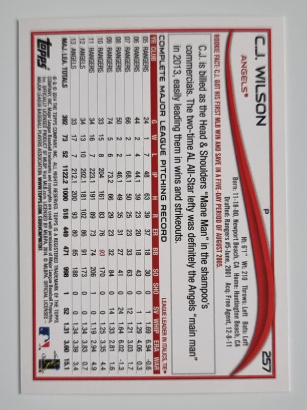 2014 Topps #257 C.J. Wilson – Image 2