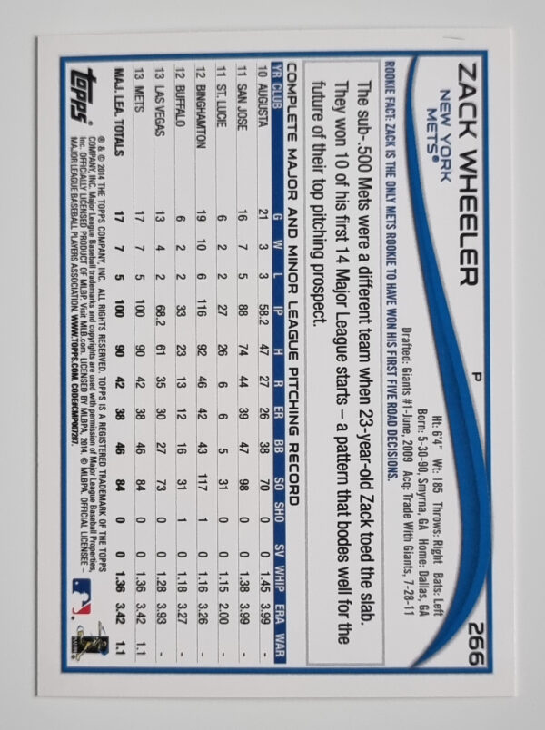2014 Topps #266 Zack Wheeler FS – Image 2