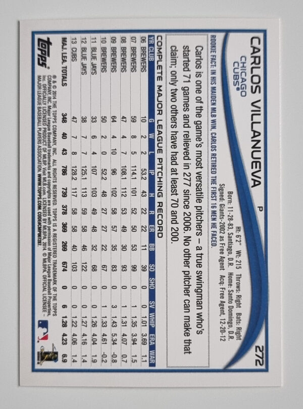 2014 Topps #272A Carlos Villanueva – Image 2