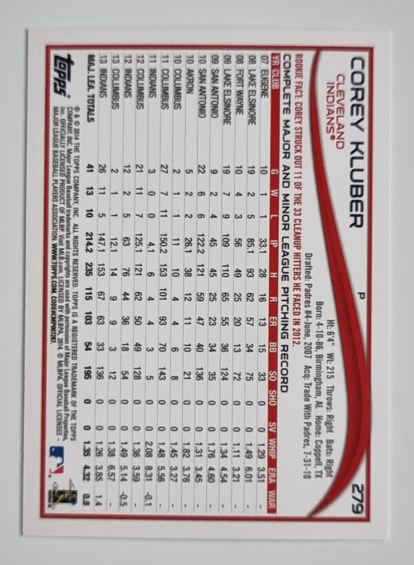 2014 Topps #279 Corey Kluber – Image 2
