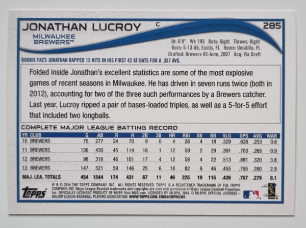 2014 Topps #285 Jonathan Lucroy – Image 2