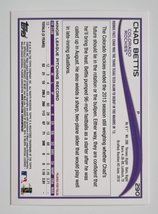 2014 Topps #290 Chad Bettis RC – Image 2