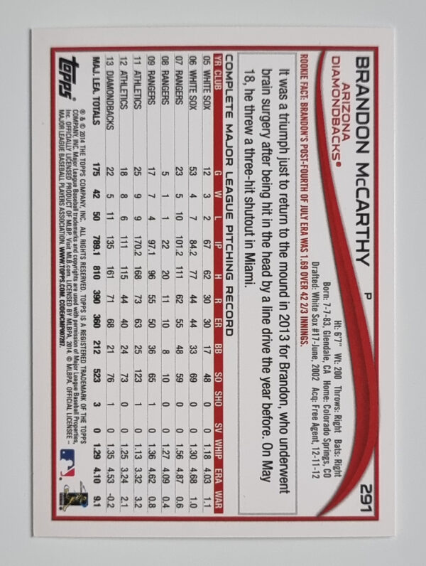 2014 Topps #291 Brandon McCarthy – Image 2