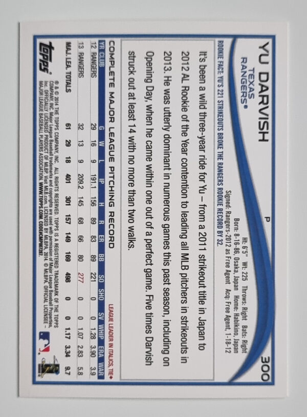 2014 Topps #300A Yu Darvish – Image 2