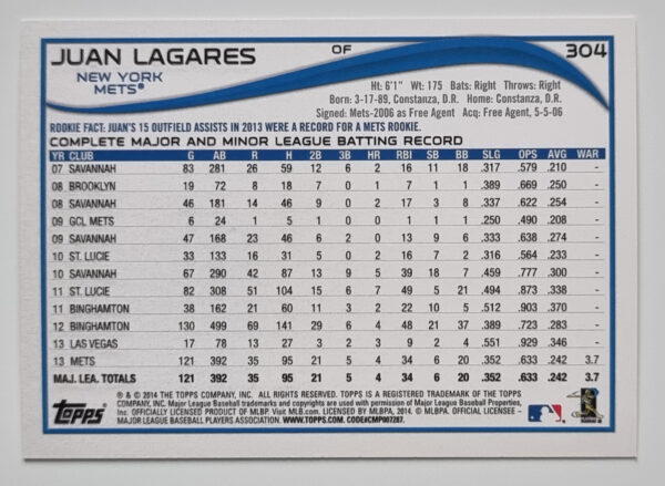 2014 Topps #304 Juan Lagares – Image 2
