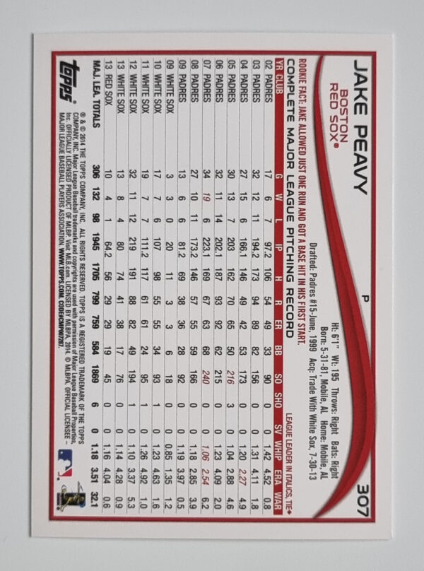 2014 Topps #307 Jake Peavy – Image 2