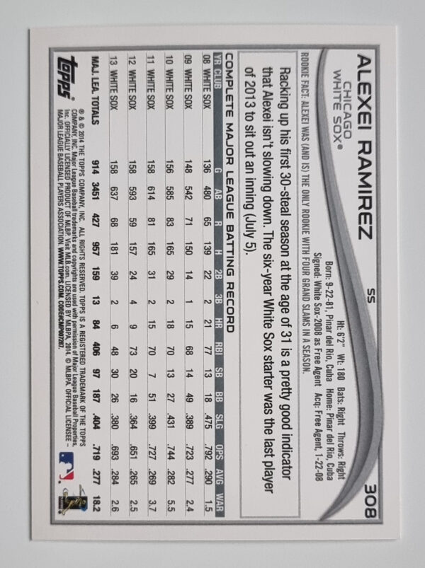 2014 Topps #308 Alexei Ramirez – Image 2