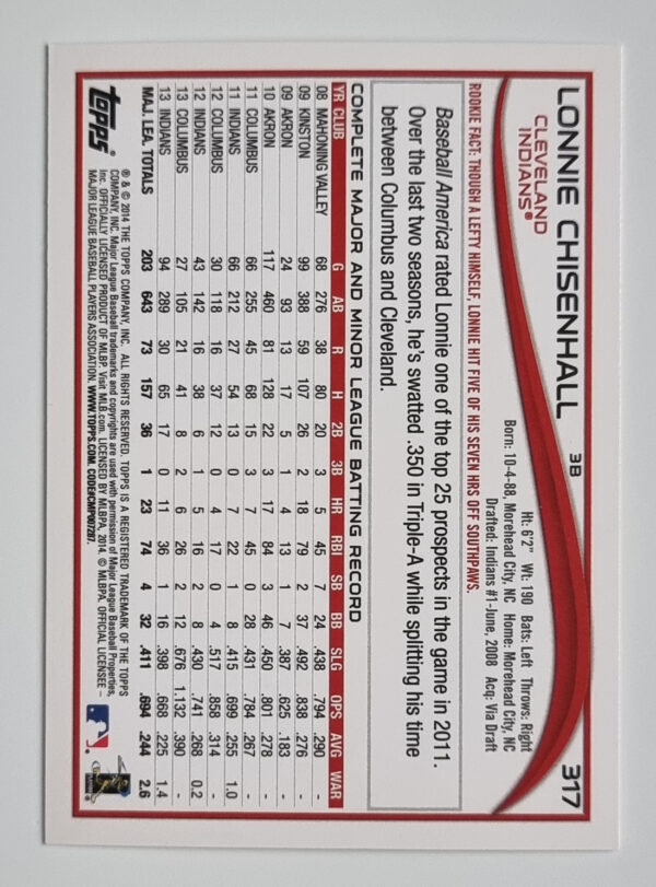 2014 Topps #317 Lonnie Chisenhall – Image 2