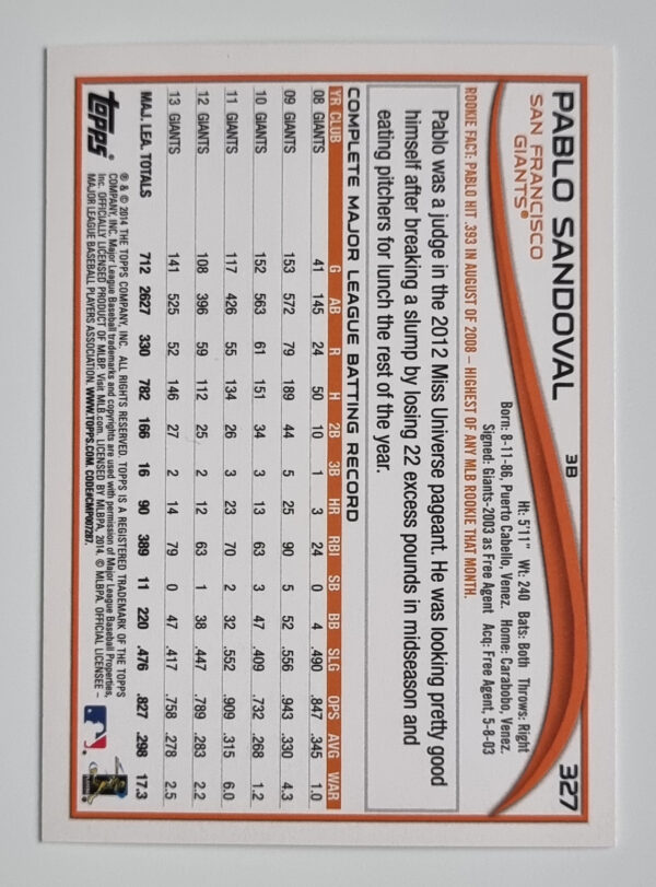 2014 Topps #327 Pablo Sandoval – Image 2