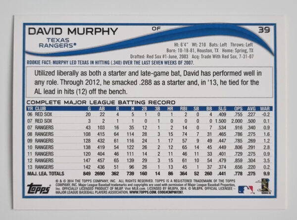 2014 Topps #39 David Murphy – Image 2