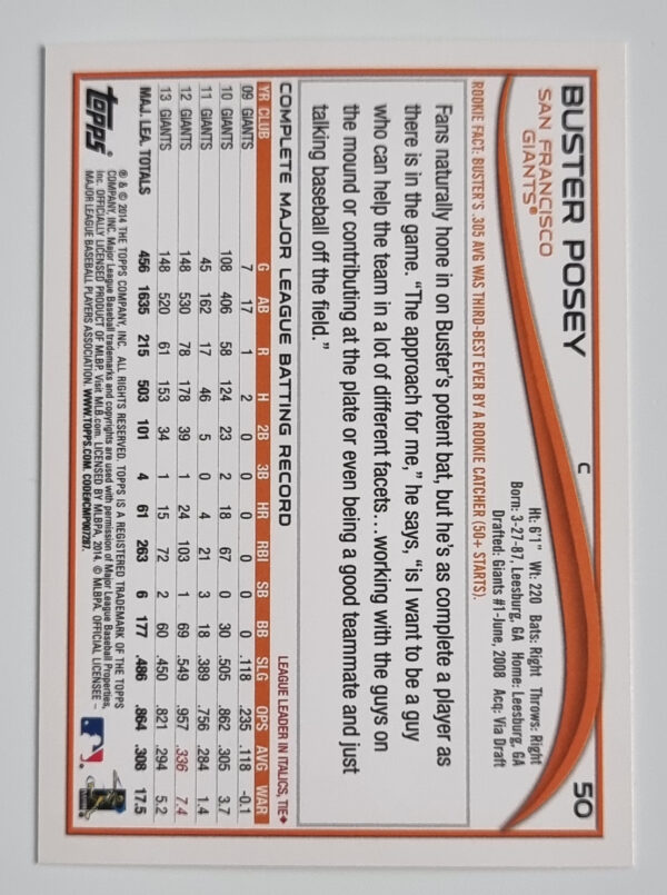 2014 Topps #50A Buster Posey – Image 2
