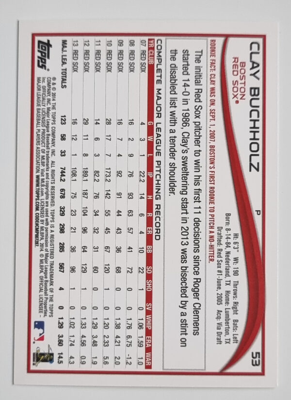 2014 Topps #53 Clay Buchholz – Image 2